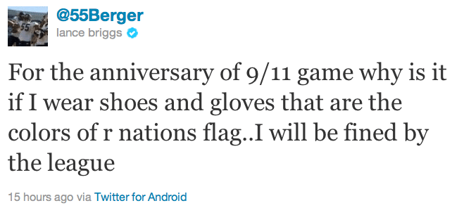 Lance Briggs Expected to be Fined for Wearing Red, White, & Blue Cleats & Gloves