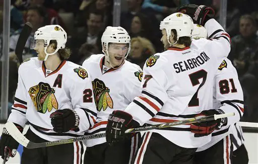 Blackhawks League’s Best So Far 1 Blackhawks' Brandon Saad, second from left, celebrates his first career goal with teammates (AP Photo).