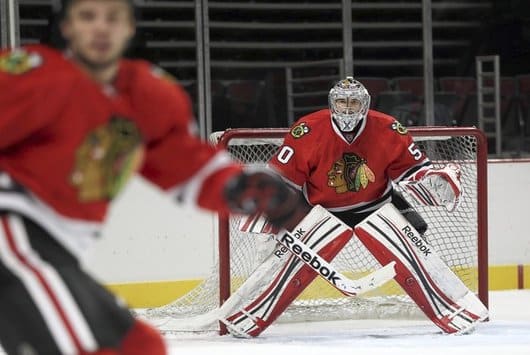 Crawford Injured; Karlsson Called Up 1 Blackhawks goalie Corey Crawford is out day-to-day (Chicago Tribune Photo)