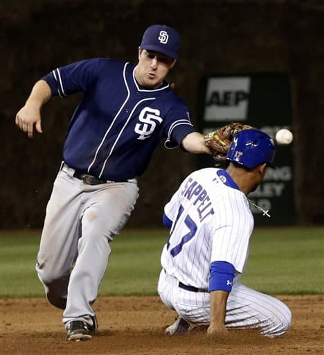 Cubs Blown Out by Padres- Padres 13 Cubs 7 1 Chicago Cubs' Dave Sappelt, right, steals second after San Diego Padres second baseman Jedd Gyorko was unable to field a throw from catcher Nick Hundley during the sixth inning of a baseball game, Tuesday, April 30, 2013, in Chicago. (AP Photo/Charles Rex Arbogast)