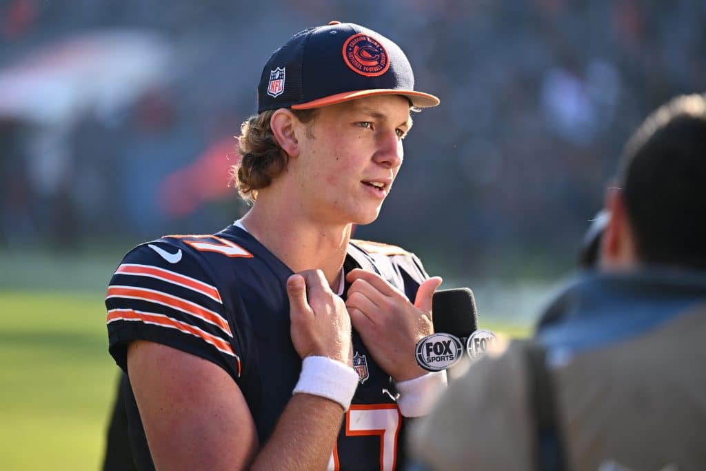 NFL: Las Vegas Raiders at Chicago Bears Chicago Bears quarterback Tyson Bagent (17) is interviewed for television after leading the Bears to the win over the Las Vegas Raiders at Soldier Field.