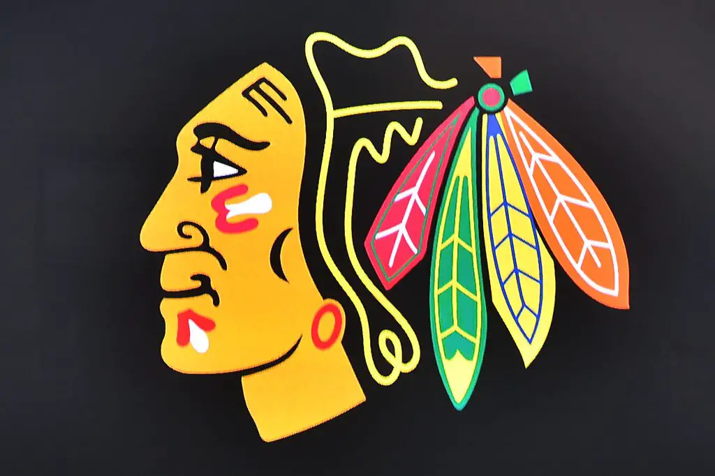NHL: Winter Classic Practice Day A detailed view of the Chicago Blackhawks logo on a video board during practice for the Winter Classic