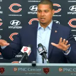 Chicago Bears GM Ryan Poles speaks to the media.