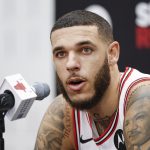 Chicago Bulls guard Lonzo Ball (2) speaks to the press during Media Day.