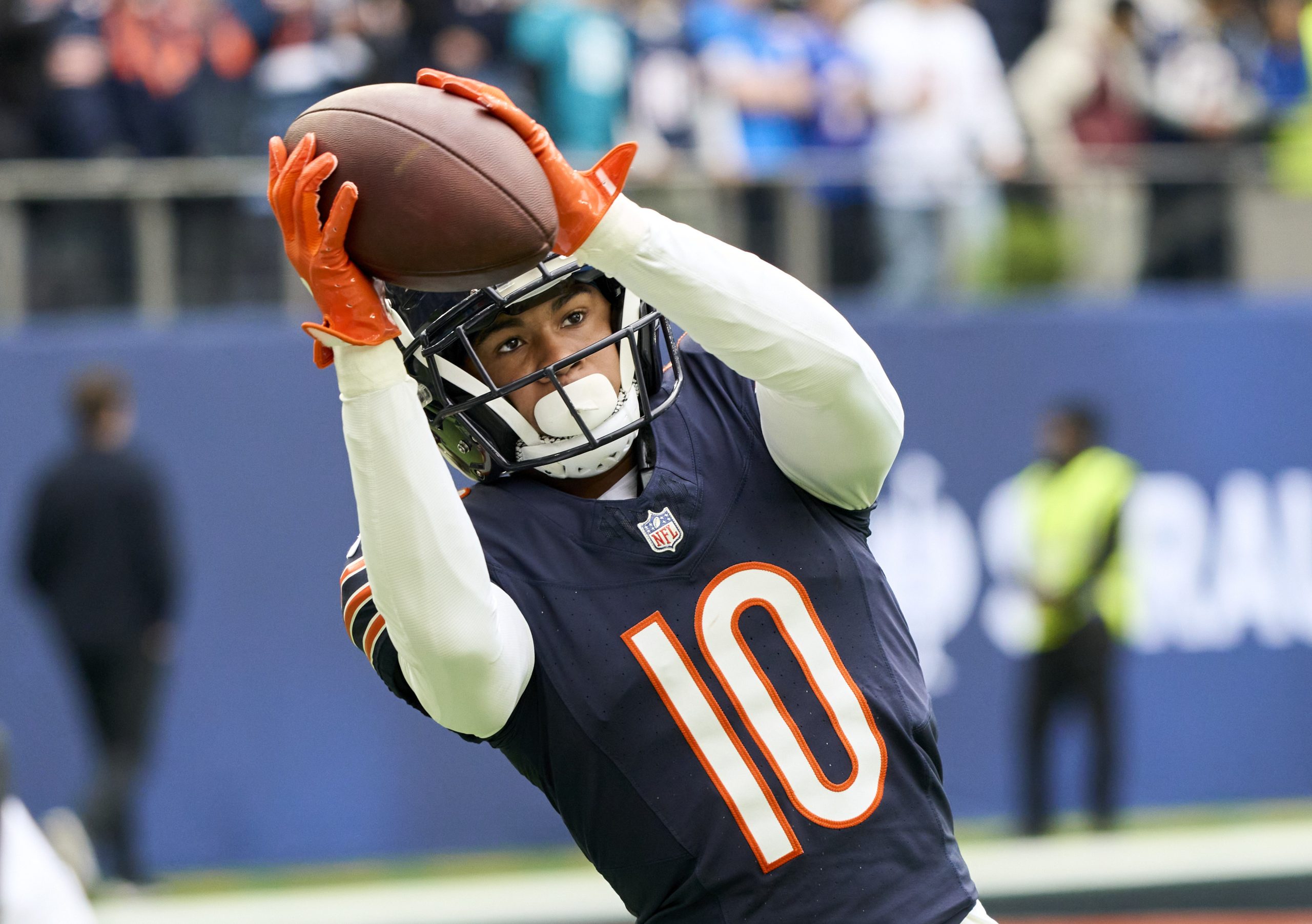 Chicago Bears wide receiver Tyler Scott catching a pass before a matchup against the Jacksonville Jaguars