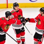 Chicago Blackhawks in talks with veteran center: Report 2 Chicago Blackhawks center Ryan Donato (8) celebrates his goal with teammates against the Edmonton Oilers during the third period at the United Center.