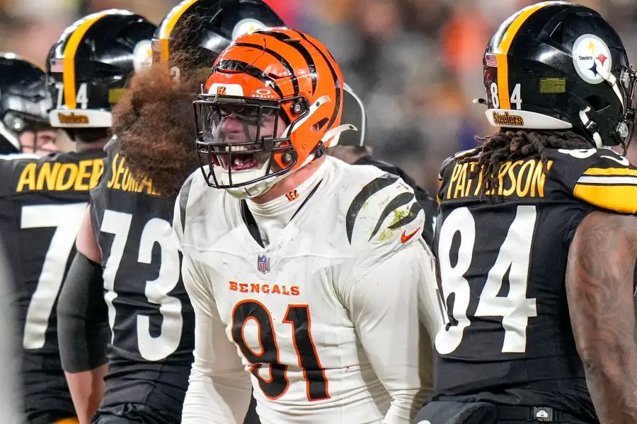 Possible Chicago Bears trade target Trey Hendrickson celebrates a sack