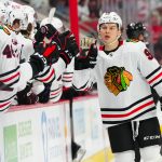 Chihicago Blackhawks center Connor Bedard (98) celebrates his goal against the Carolina Hurricanes during the third period at Lenovo Center.
