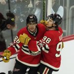 Chicago Blackhawks center Teuvo Teravainen (86) celebrates his goal against the Toronto Maple Leafs with center Connor Bedard (98) during the first period at United Center.