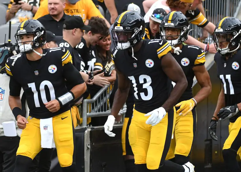 NFL: Seattle Seahawks at Pittsburgh Steelers Pittsburgh Steelers quarterback Mitch Trubisky (10) and wide receivers Miles Boykin (13) and Calvin Austin III (19) and Chase Claypool (11) take the field before a game against the Seattle Seahawks at Acrisure Stadium.
