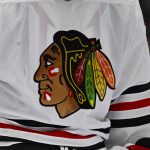 BREAKING: Chicago Blackhawks land the 3rd overall pick in the 2025 draft 5 A view of the logo on the jersey of Chicago Blackhawks goaltender Petr Mrazek (34) during the game between the Dallas Stars and the Chicago Blackhawks at American Airlines Center.