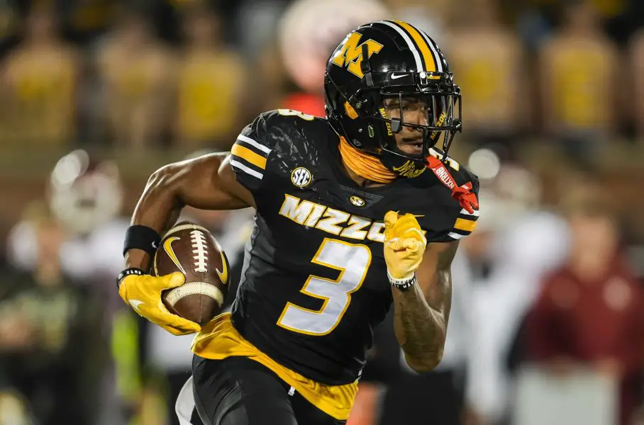 NCAA Football: Oklahoma at Missouri Missouri Tigers wide receiver Luther Burden III (3) runs with the ball during the first half against the Oklahoma Sooners at Faurot Field at Memorial Stadium.