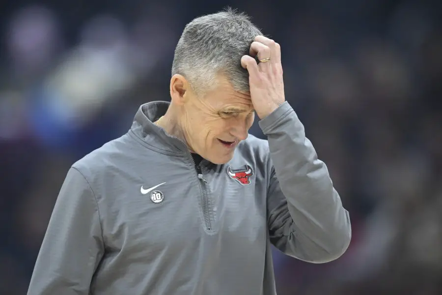 Chicago Bulls head coach Billy Donovan reacts during a timeout in the first quarter against the Cleveland Cavaliers at Rocket Arena.