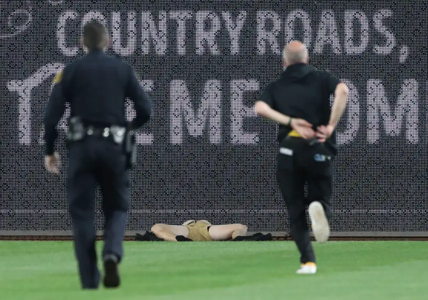 MLB: Chicago Cubs at Pittsburgh Pirates Stadium security and Pittsburgh Pirates medical personnel rush to assist a fan who fell from the stands to the field as the Pirates batted against the Chicago Cubs during the seventh inningat PNC Park.