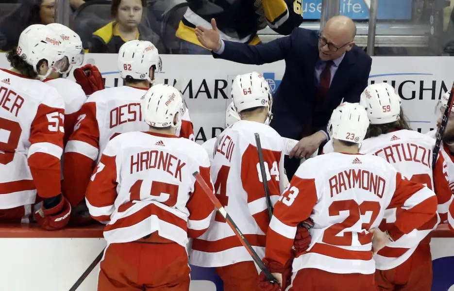 NHL: Detroit Red Wings at Pittsburgh Penguins Detroit Red Wings head coach Jeff Blashill during a time out against the Pittsburgh Penguins in the second period at PPG Paints Arena.