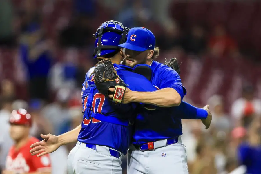 MLB: Chicago Cubs at Cincinnati Reds Chicago Cubs relief pitcher Porter Hodge (37) hugs catcher Christian Bethancourt (60) after the victory over the Cincinnati Reds at Great American Ball Park.