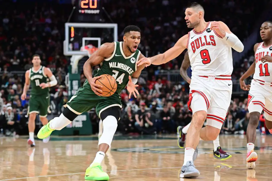 NBA: Chicago Bulls at Milwaukee Bucks Milwaukee Bucks forward Giannis Antetokounmpo (34) drives for the basket against Chicago Bulls center Nikola Vucevic (9) in the fourth quarter at Fiserv Forum.