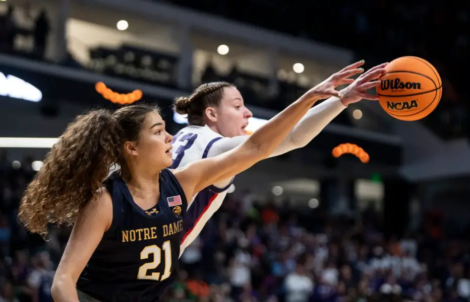 Syndication: The Montgomery Advertiser Notre Dame Fighting Irish forward Maddy Westbeld (21) and TCU Horned Frogs center Sedona Prince (13) fight for a rebound as TCU Horned Frogs face off with Notre Dame Fighting Irish during the Sweet 16 at Legacy Arena
