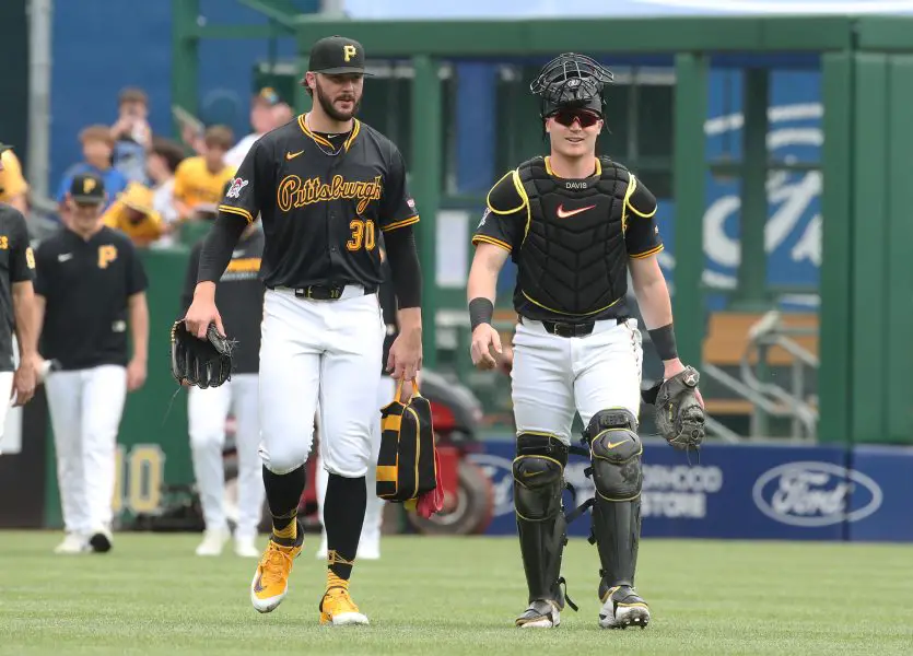 MLB: Chicago Cubs at Pittsburgh Pirates Pittsburgh Pirates starting pitcher Paul Skenes (30) and catcher Henry Davis (32) make their way in from the bullpen to play the Chicago Cubs at PNC Park