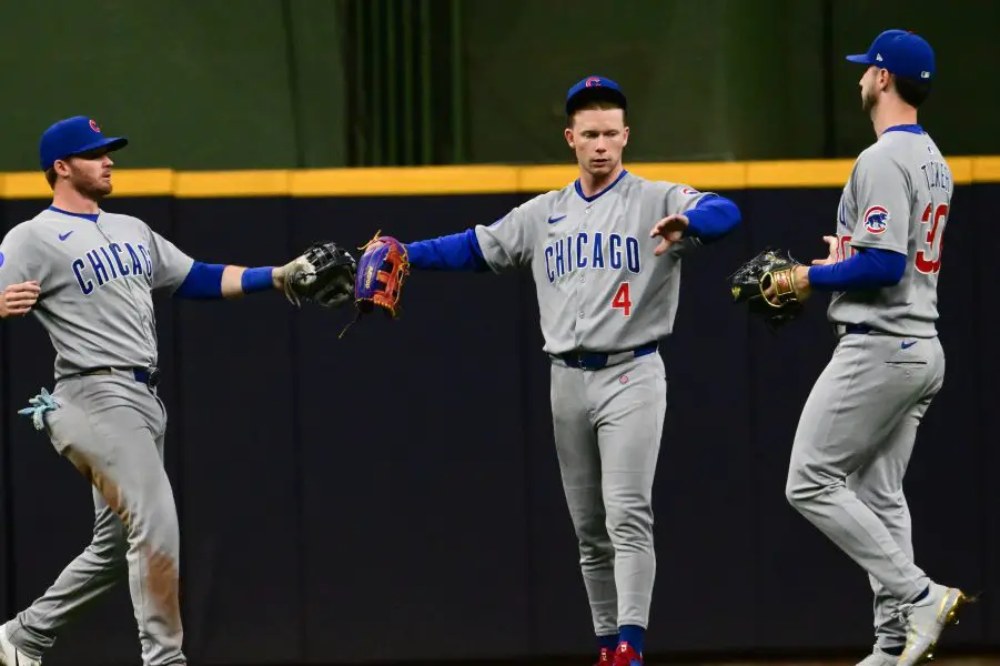MLB: Chicago Cubs at Milwaukee Brewers Chicago Cubs left fielder Ian Happ (8), center fielder Pete Crow-Armstrong (4) and right fielder Kyle Tucker (30) celebrate after beating the Milwaukee Brewers at American Family Field.