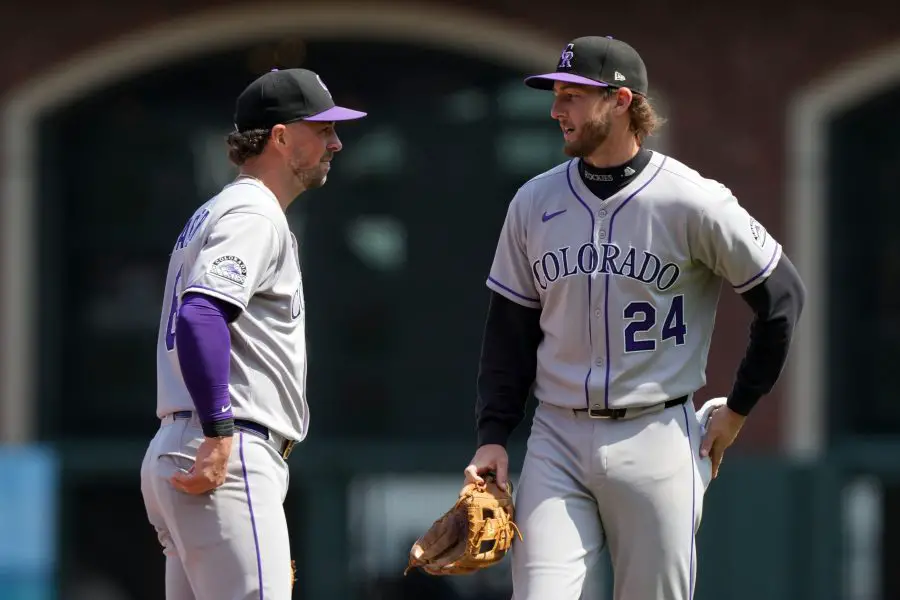 MLB: Colorado Rockies at San Francisco Giants Colorado Rockies third baseman Ryan McMahon (24) talks with shortstop Kyle Farmer (left) during the seventh inning against the San Francisco Giants at Oracle Park.