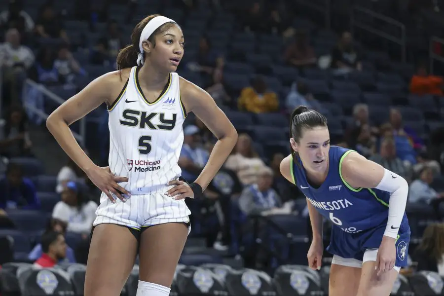 WNBA: Preseason Minnesota Lynx at Chicago Sky Chicago Sky forward Angel Reese (5) looks on during the first half of a WNBA pre-season game against the Minnesota Lynx at Wintrust Arena.