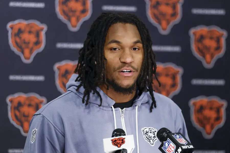 NFL: Chicago Bears Rookie Minicamp Chicago Bears wide receiver Luther Burden III speaks during the Rookie Minicamp at Halas Hall.