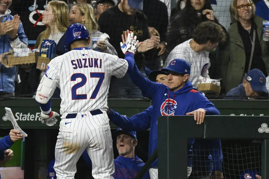 MLB: Miami Marlins at Chicago Cubs Chicago Cubs outfielder Seiya Suzuki (27) high fives manager Craig Counse