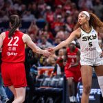 Chicago Sky's Angel Reese pops off after getting decked by Caitlin Clark 2 Indiana Fever guard Caitlin Clark (22) and Chicago Sky forward Angel Reese (5) shake hands before the game at Gainbridge Fieldhouse.