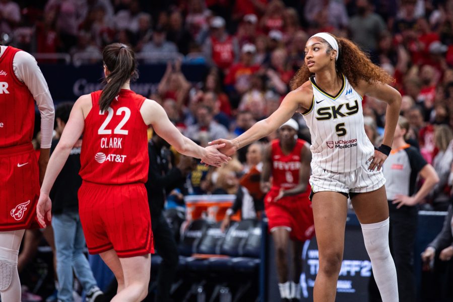 WNBA: Chicago Sky at Indiana Fever Indiana Fever guard Caitlin Clark (22) and Chicago Sky forward Angel Reese (5) shake hands before the game at Gainbridge Fieldhouse.