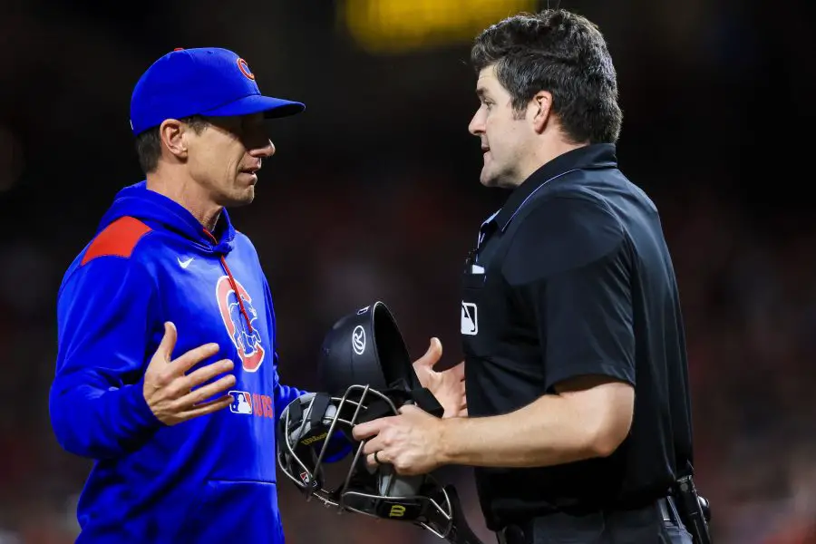 MLB: Chicago Cubs at Cincinnati Reds Chicago Cubs manager Craig Counsell (11) talks with umpire John Bacon (70) after a play in the seventh inning in the game against the Cincinnati Reds at Great American Ball Park.