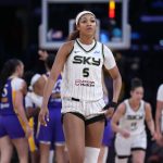 Chicago Sky forward Angel Reese (5) reacts in the second half against the LA Sparks at Crypto.com Arena.