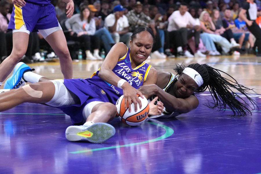 WNBA: Chicago Sky at Los Angeles Sparks LA Sparks forward Azura Stevens (23) and Chicago Sky center Elizabeth Williams (1) battle for the ball in the second half at Crypto.com Arena.