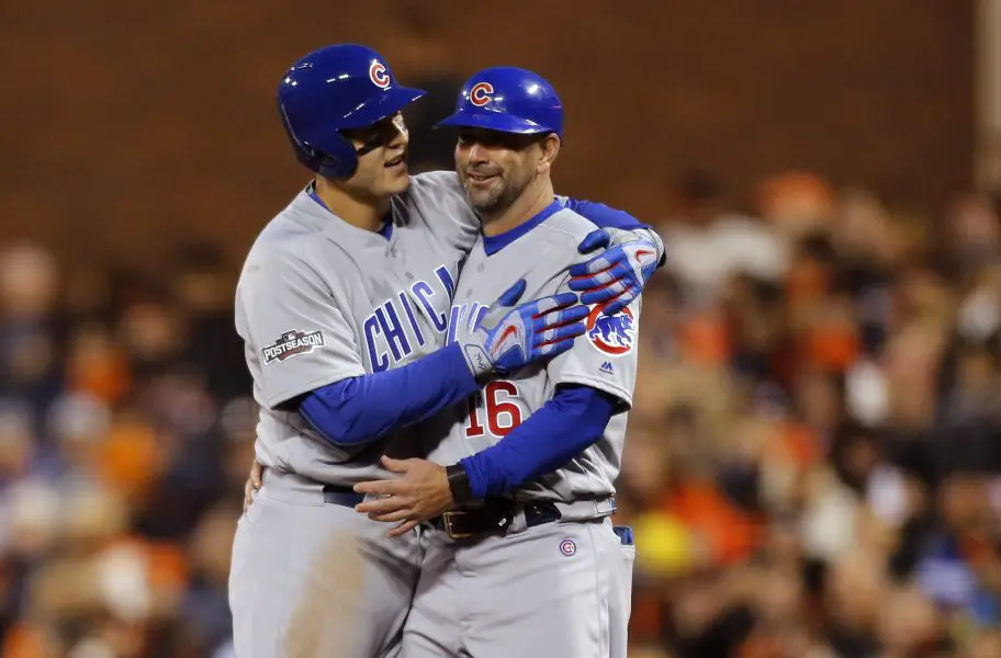 MLB: NLDS Chicago Cubs at San Francisco Giants Chicago Cubs first baseman Anthony Rizzo (44) celebrates with first base coach Brandon Hyde (16) after hitting a single during the fourth inning of game four of the 2016 NLDS playoff baseball game against the San Francisco Giants at AT&T Park.