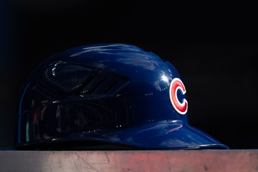 MLB: Chicago Cubs at Toronto Blue Jays Aug 12, 2023; Toronto, Ontario, CAN; A Chicago Cubs helmet rests on the dugout during a MLB game against the Toronto Blue Jays at Rogers Centre.