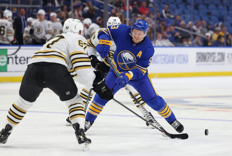 NHL: Preseason Boston Bruins at Buffalo Sabres Boston Bruins defenseman Ryan Mast (87) blocks a shot by Buffalo Sabres left wing Jeff Skinner (53) during the second period at KeyBank Center.