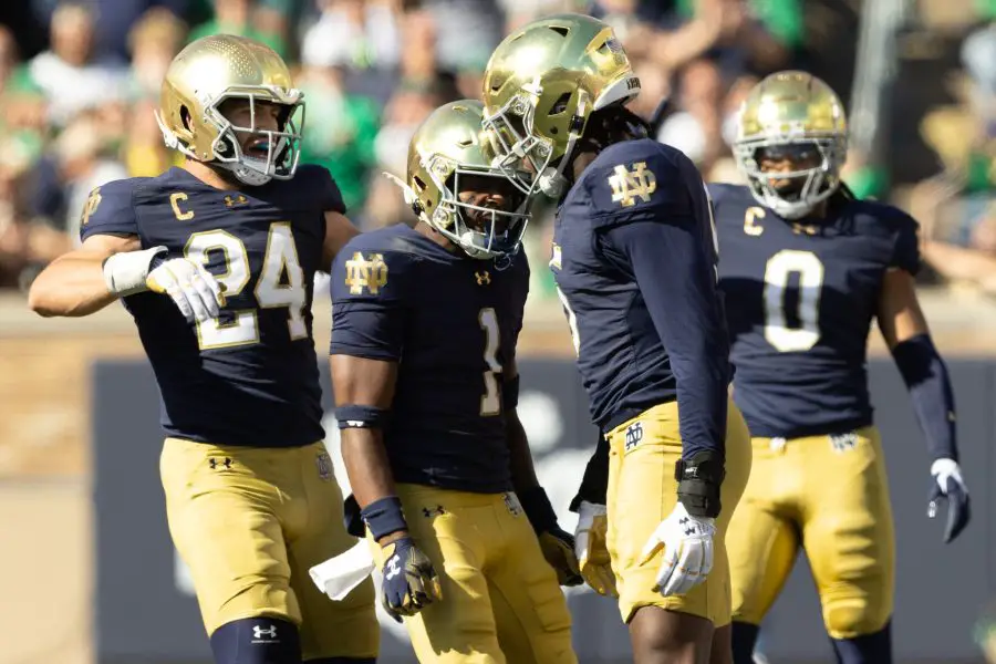 Syndication: South Bend Tribune Notre Dame defensive lineman Boubacar Traore, second from right, celebrates getting a stop during a NCAA college football game between Notre Dame and Northern Illinois at Notre Dame Stadium on Saturday, Sept. 7, 2024, in South Bend.