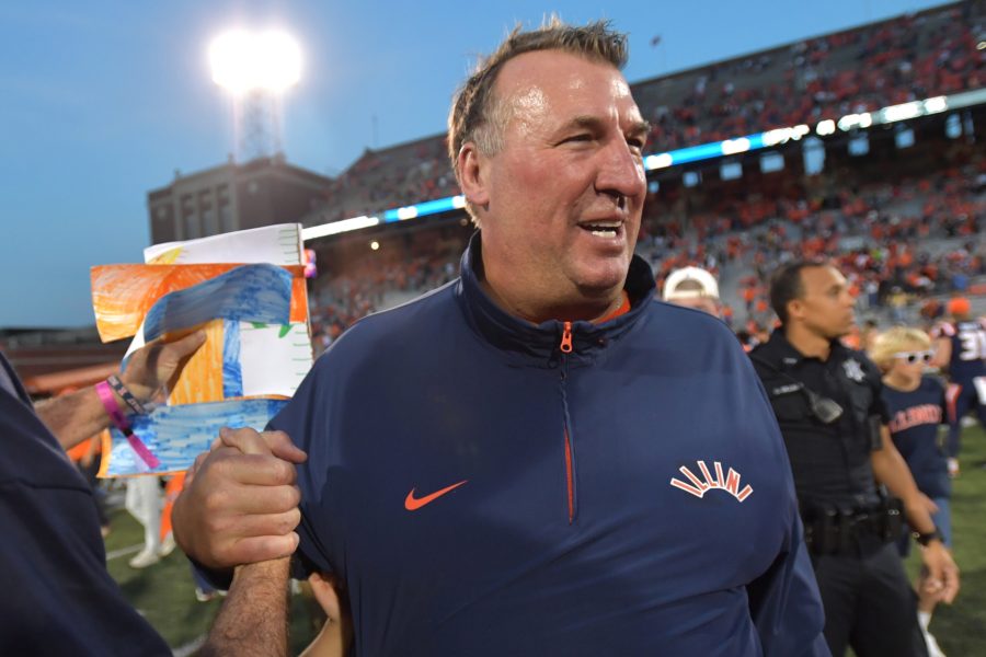 NCAA Football: Purdue at Illinois Illinois Fighting Illini head coach Bret Bielema celebrates a 50-49 win over the Purdue Boilermakers at Memorial Stadium.