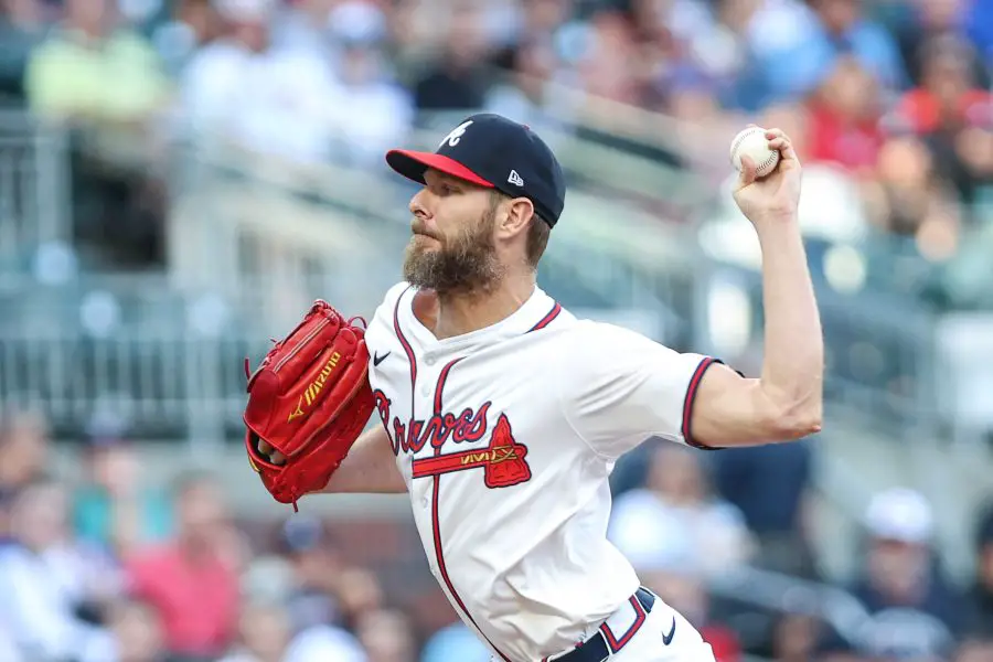 Atlanta Braves pitcher Chris Sale (51) pitches ball against the Cincinnati Reds during the first inning at Truist Park. 