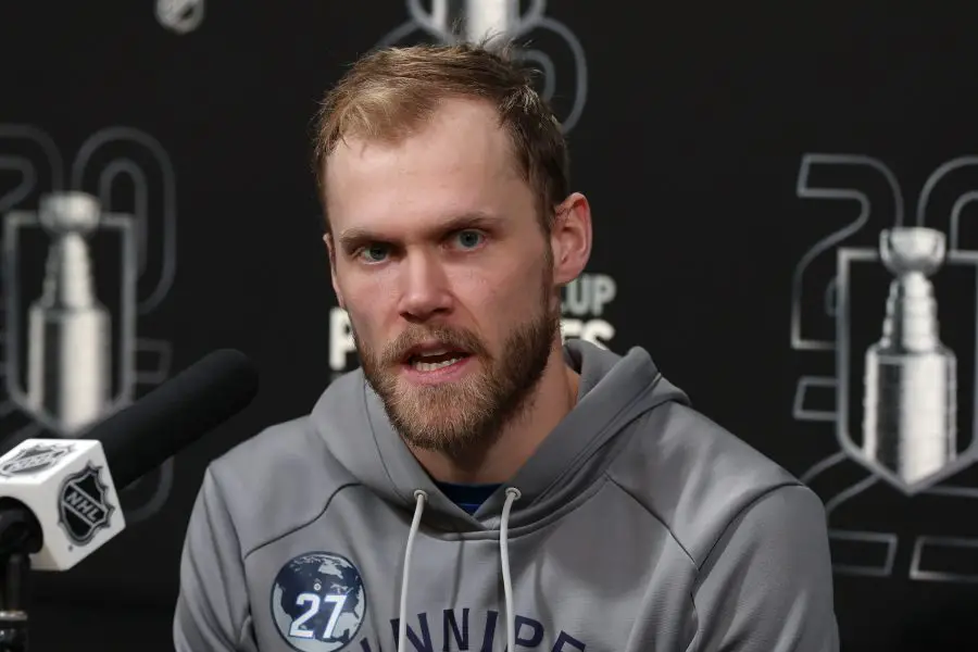 NHL: Stanley Cup Playoffs Dallas Stars at Winnipeg Jets Winnipeg Jets left wing Nikolaj Ehlers (27) talks to media after their victory over the Dallas Stars in game two of the second round of the 2025 Stanley Cup Playoffs at Canada Life Centre.