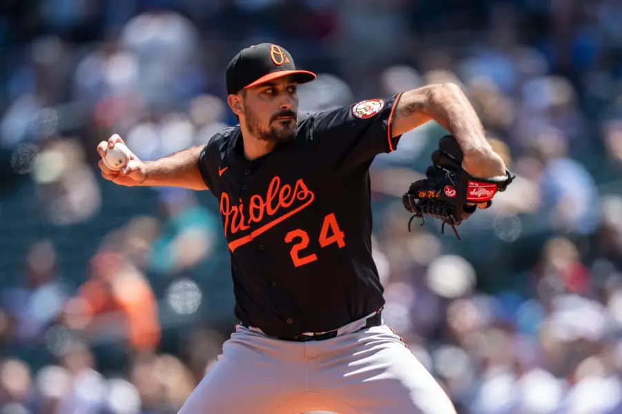 MLB: Baltimore Orioles at Seattle Mariners Balitimore Orioles starter Zach Eflin (24) delivers a pitch during the first inning against the Seattle Mariners at T-Mobile Park.