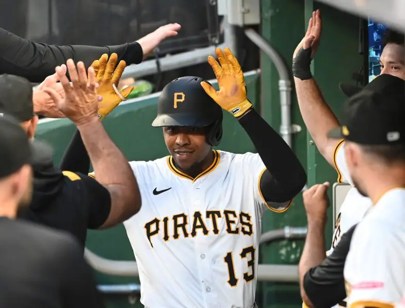 MLB: Miami Marlins at Pittsburgh Pirates The Pittsburgh Pirates Ke’Bryan Hayes (13) is greeted by his teammates after hitting a home run in the eighth inning against the Miami Marlins PNC Park.