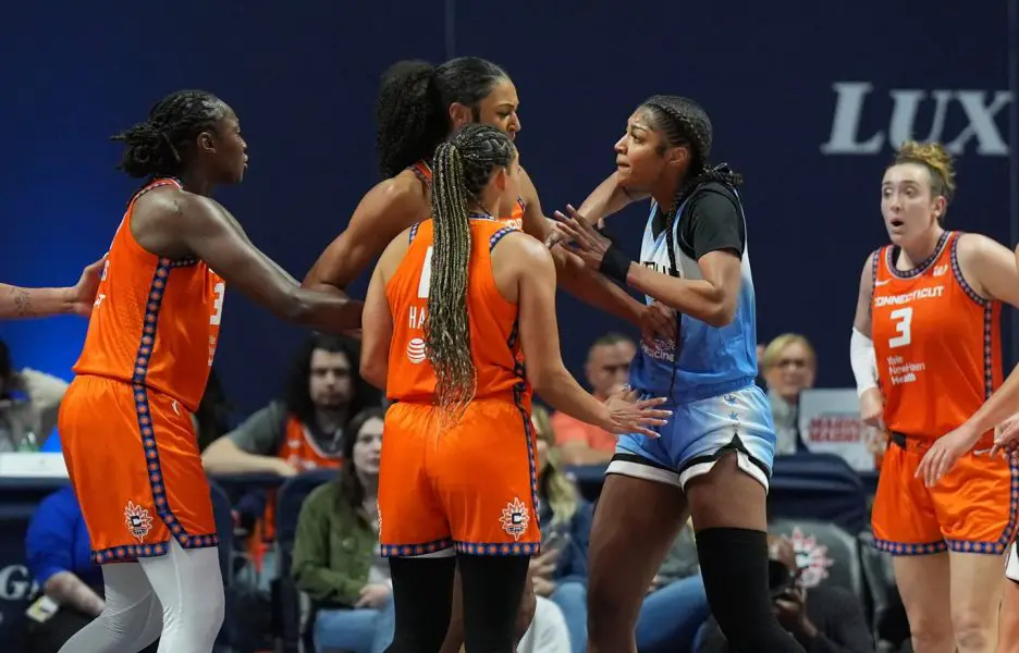 WNBA: Chicago Sky at Connecticut Sun Chicago Sky forward Angel Reese (5) pushes Connecticut Sun forward Olivia Nelson-Ododa (10) in the second half at Mohegan Sun Arena.