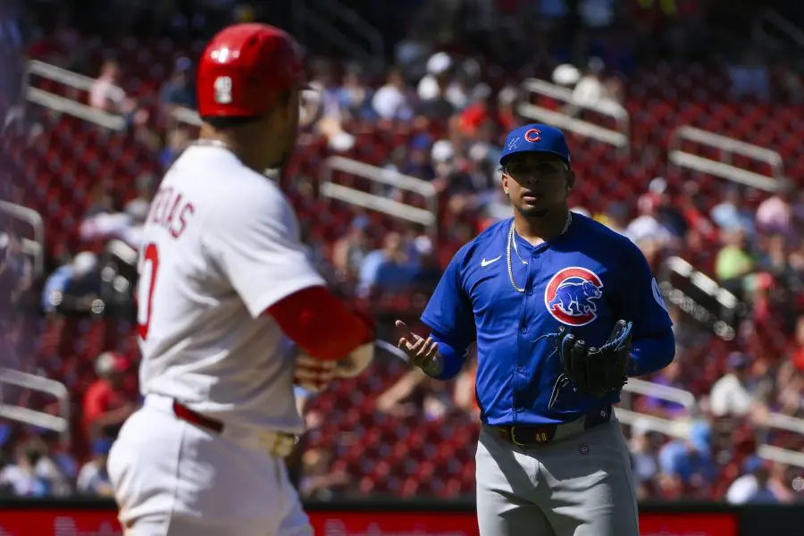 MLB: Chicago Cubs at St. Louis Cardinals Chicago Cubs relief pitcher Daniel Palencia (48) and St. Louis Cardinals first baseman Willson Contreras (40) exchange words after Contreras was hit by a pitch during the ninth inning at Busch Stadium. Mandatory Credit: Jeff Curry-Imagn Images