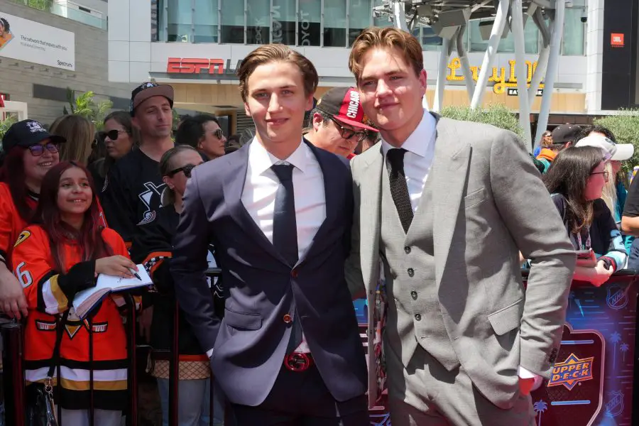 NHL: NHL Draft Victor Eklund and Anton Frondell arrives to the first round of the 2025 NHL Draft at Peacock Theater.