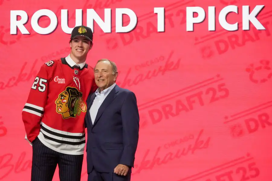 NHL: NHL Draft Mason West is selected as the 29th overall pick to the Chicago Blackhawks in the first round of the 2025 NHL Draft at Peacock Theater.