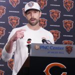Chicago Bears offensive coordinator Declan Doyle answers questions after rookie minicamp at Halas Hall.