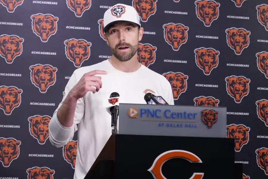 Chicago Bears offensive coordinator Declan Doyle answers questions after rookie minicamp at Halas Hall.