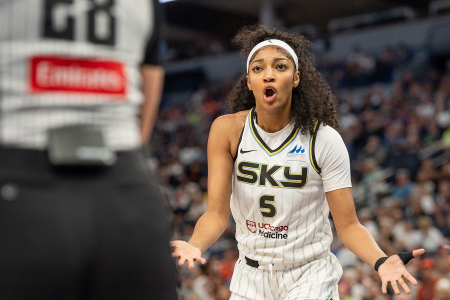 Chicago Sky forward Angel Reese (5) interacts with the referee after a call against her in the first quarter against the Minnesota Lynx at Target Center.
