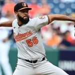 Chicago Cubs target and Baltimore Orioles relief pitcher Seranthony Dominguez (56) throws a pitch during the eighth inning against the Cleveland Guardians at Progressive Field.